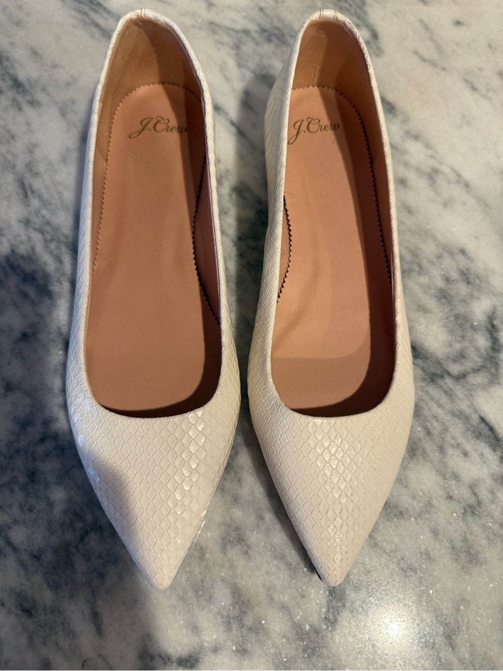 J.Crew Pointed Toe Flats White Snakeskin Embossed Size 8.5 NWOT